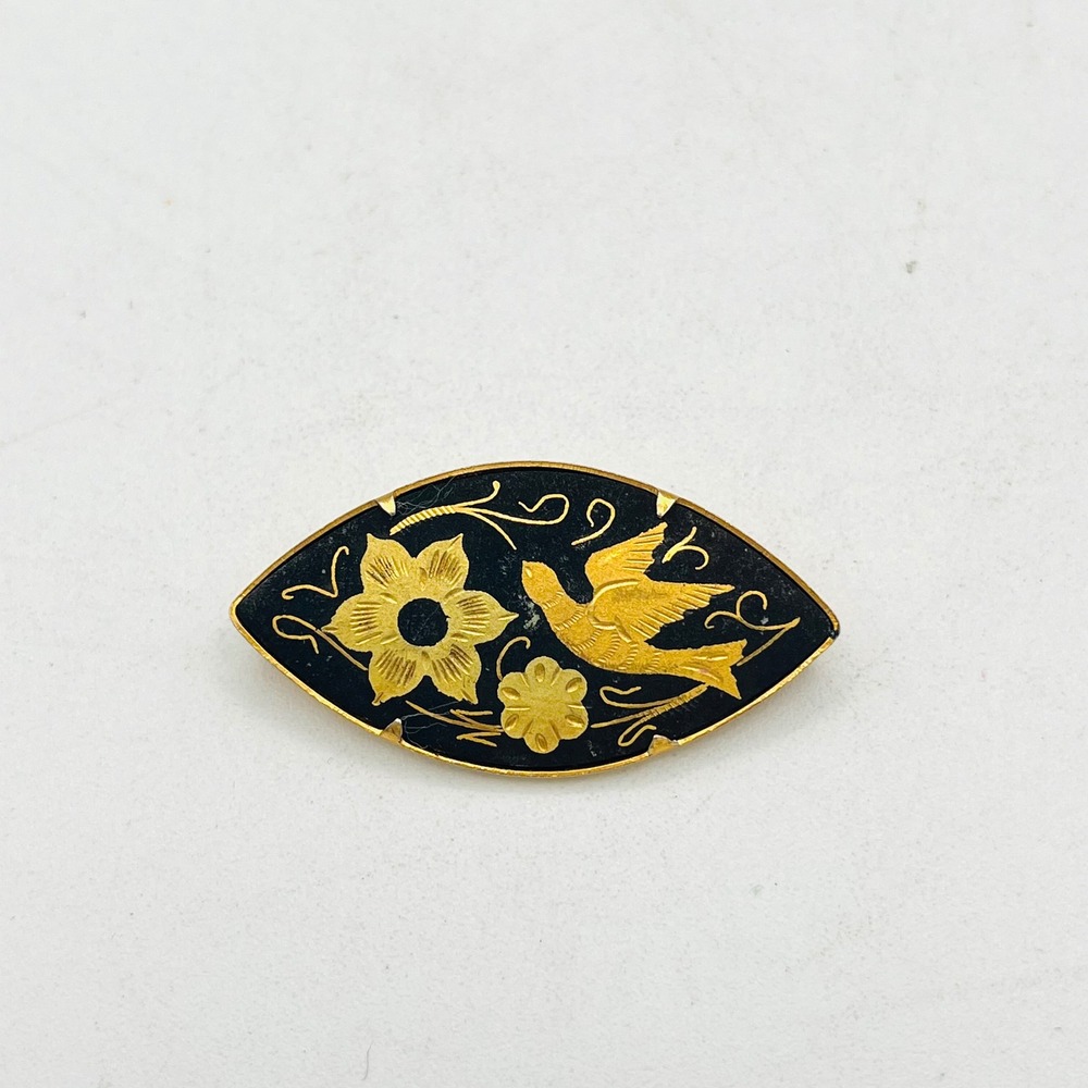 Vintage Damascene Dove Bird Flower Brooch Marquise Gold Tone Black Enamel Pin